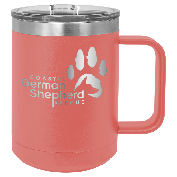 Coral 15 ounce laser engraved coffee mug, featuring the with the Coastal German Shpherd Rescue of Orange County logo