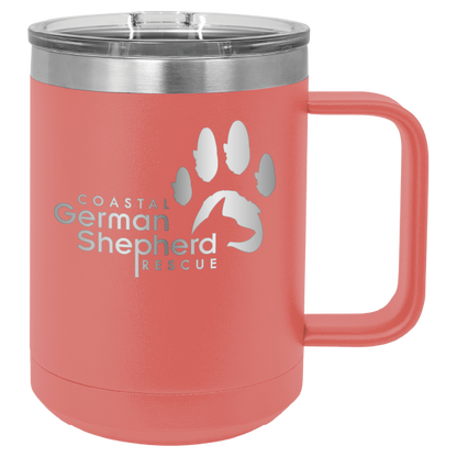 Coral 15 ounce laser engraved coffee mug, featuring the with the Coastal German Shpherd Rescue of Orange County logo