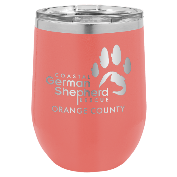 12 oz Wine tumbler laser engraved with the Coastal German Shepherd Rescue of Orange County logo, in coral