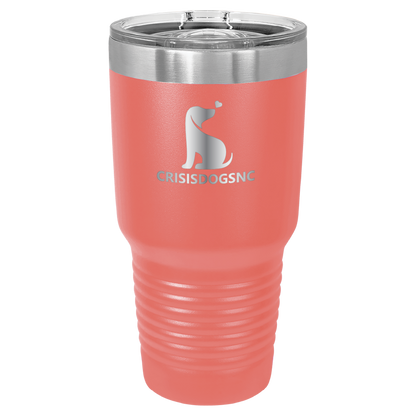 Coral 30 oz laser engraved tumbler with the Crisis Dogs NC logo.