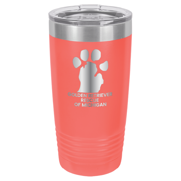 Coral 20 Oz laser engraved tumbler with the Golden Retriever Rescue of Michigan logo