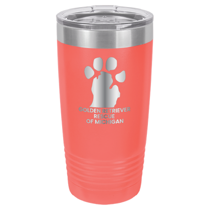 Coral 20 Oz laser engraved tumbler with the Golden Retriever Rescue of Michigan logo