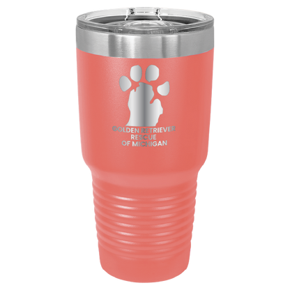 Coral 30 laser engraved tumbler featuring the Golden Retriever Rescue of Michigan logo