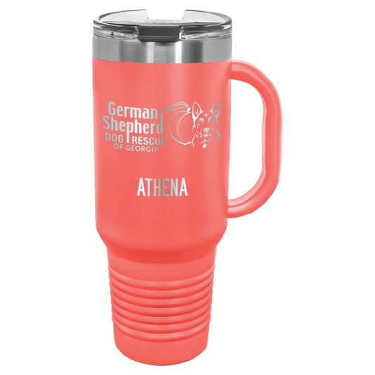 40 Oz travel tumbler, laser engraved with the logo of German Shepherd Dog Rescue of Georgia, in coral
