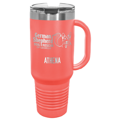40 Oz travel tumbler, laser engraved with the logo of German Shepherd Dog Rescue of Georgia, in coral