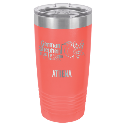 German Shepherd Dog Rescue of Georgia laser engraved tumbler in coral