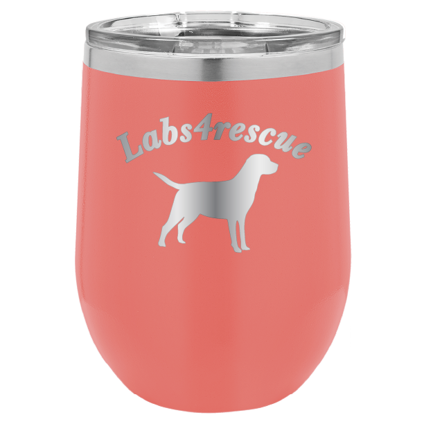 12 oz laser engraved wine tumbler with the labs4rescue logo, in coral