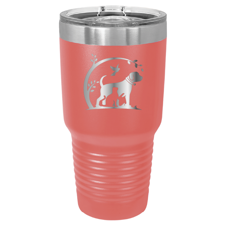 Coral 30 oz laser engraved tumbler featuring the No Critter Left Behind logo