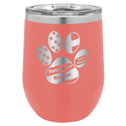 Coral laser engraved wine tumbler with the logo of retriever rescue of Las Vegas