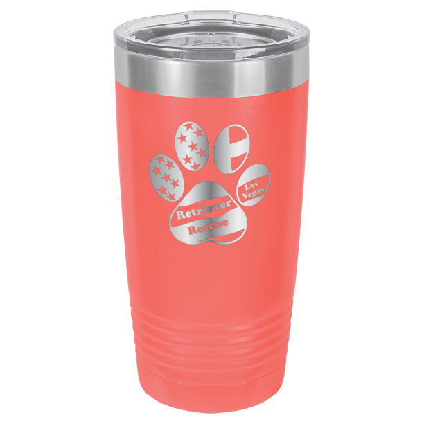 Coral laser engraved 20 tumbler featuring the Retriever Rescue of Las Vegas logo