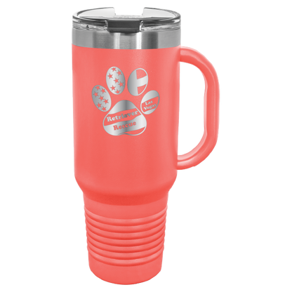 Coral laser engraved tumbler with handle, featuring the logo of Retriever Rescue of Las Vegas