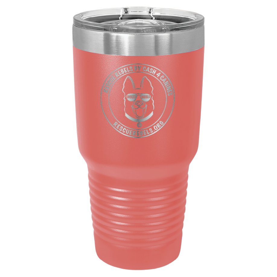 Coral 30 oz tumbler laser engraved  water bottle featuring the Rescue Rebels logo
