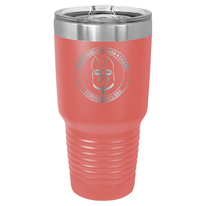 Coral 30 oz tumbler laser engraved  water bottle featuring the Rescue Rebels logo