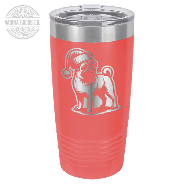 Pug wearing a Santa hat, 20 oz laser engraved tumbler, in coral