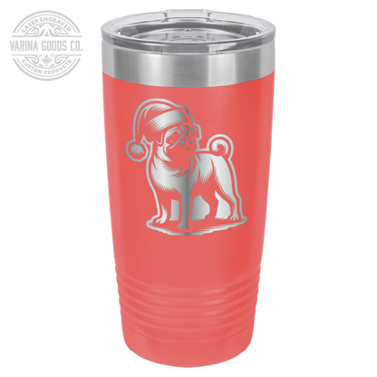 Pug wearing a Santa hat, 20 oz laser engraved tumbler, in coral