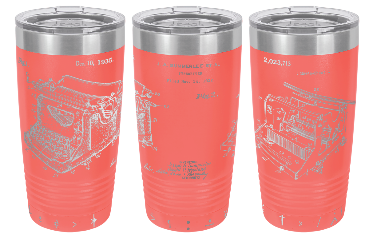 Vintage typewriter patent laser engraved on a coral stainless steel tumbler