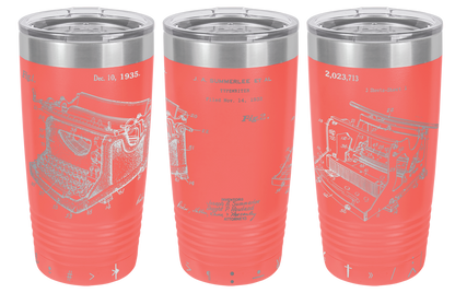 Vintage typewriter patent laser engraved on a coral stainless steel tumbler