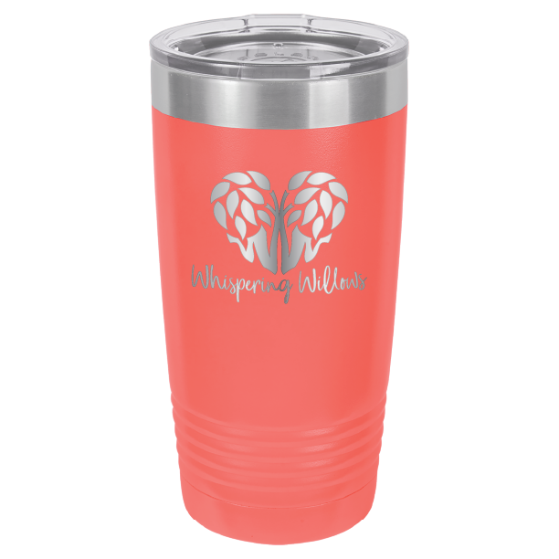 Coral laser engraved 20 oz tumbler featuring the Whispering Willows logo.