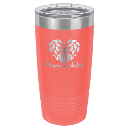 Coral laser engraved 20 oz tumbler featuring the Whispering Willows logo.