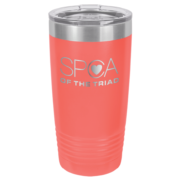 Coral laser engravved 20 Oz tumbler featuring the SPA of the Triad logo. 