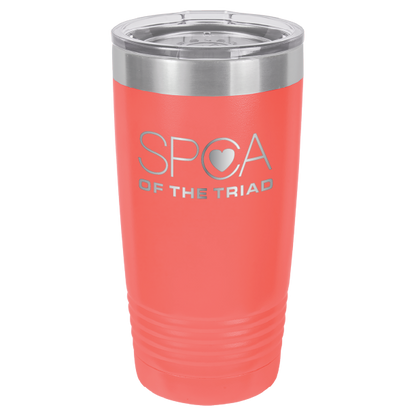 Coral laser engravved 20 Oz tumbler featuring the SPA of the Triad logo. 