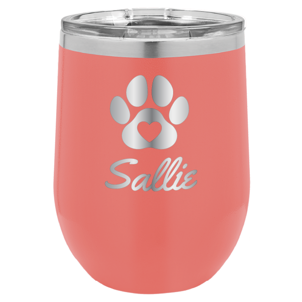 Laser engraved personalized wine tumbler featuring a paw print with heart, in coral