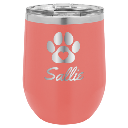 Laser engraved personalized wine tumbler featuring a paw print with heart, in coral