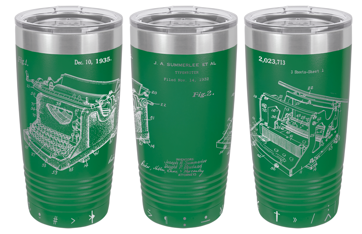 Vintage typewriter patent laser engraved on a green stainless steel tumbler