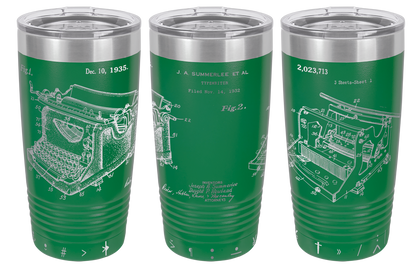 Vintage typewriter patent laser engraved on a green stainless steel tumbler