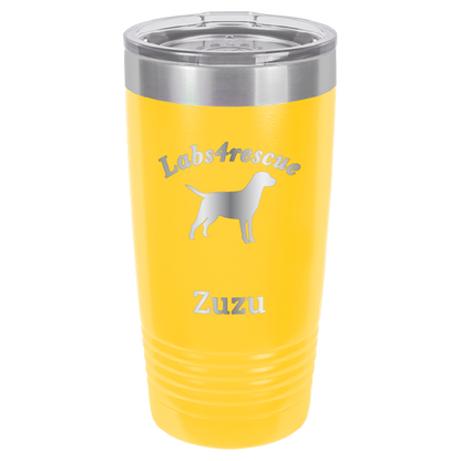 Yellow laser engraved 20 oz tumbler featuring the Labs4rescue logo and the name Zuzu. 