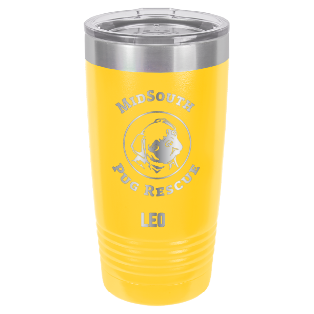 Yellow laser engraved 20 oz tumbler featuring the MidSouth Pug Rescue logo and the name Leo.