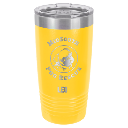 Yellow laser engraved 20 oz tumbler featuring the MidSouth Pug Rescue logo and the name Leo.