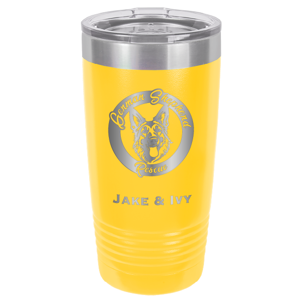 Laser Engraved yellow 20 oz tumbler with German Shepherd Rescue and the names Jake and Ivy