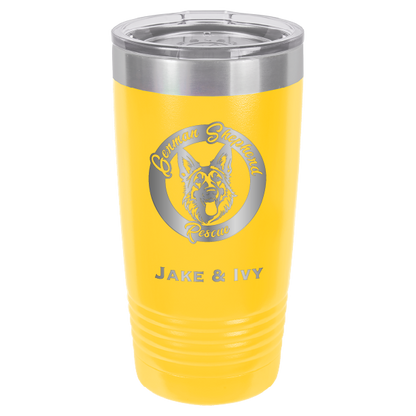 Laser Engraved yellow 20 oz tumbler with German Shepherd Rescue and the names Jake and Ivy