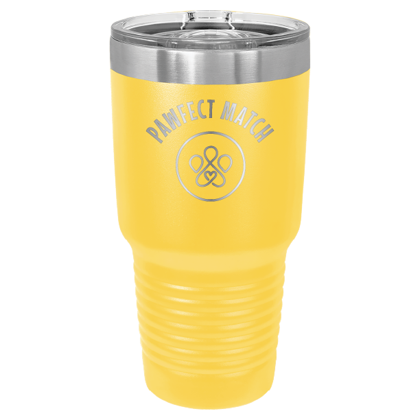 Yellow 30 oz laser engraved tumbler featuring the Pawfect Match logo