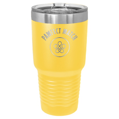 Yellow 30 oz laser engraved tumbler featuring the Pawfect Match logo
