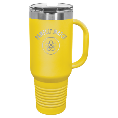 Yellow 40 oz laser engraved tumbler featuring the Pawfect Match logo