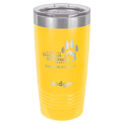 Coastal German Shepherd Rescue of Orange County: 20 oz laser engraved tumbler in yellow