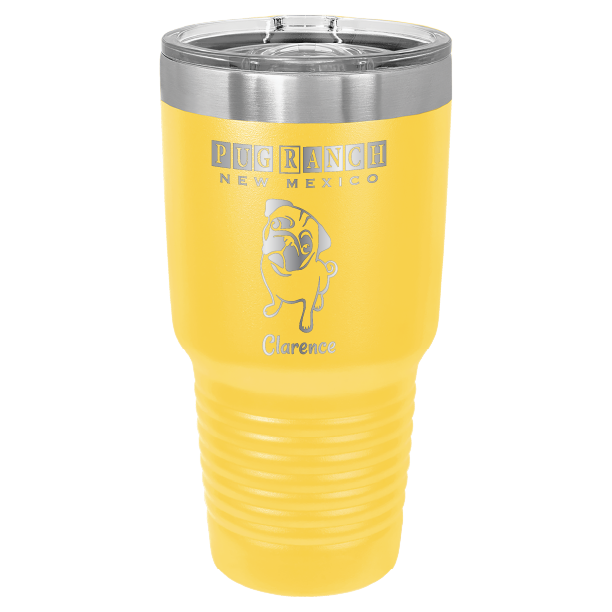 Laser engraved yellow tumbler featuring Pug Ranch NM: 30 oz