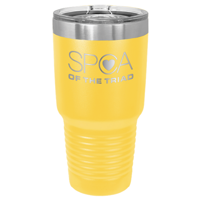 Yellow 30 oz laser engraved tumbler featuring the SPCA of the Triad logo.