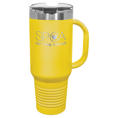 Yellow 40 oz  laser engraved tumbler with the SPCA of the Triad logo.