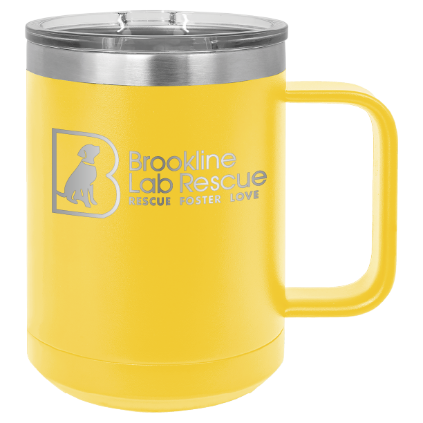 Yellow laser engraved 15 of coffee cup featuring the Brookline Lab Rescue logo