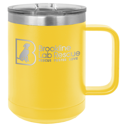 Yellow laser engraved 15 of coffee cup featuring the Brookline Lab Rescue logo