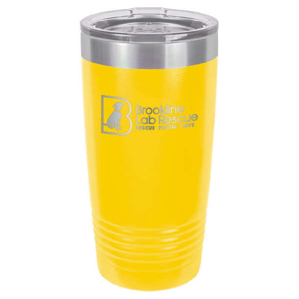 Yellow  laser engraved 20 ounce tumbler featuring the Brookline Lab Rescue logo