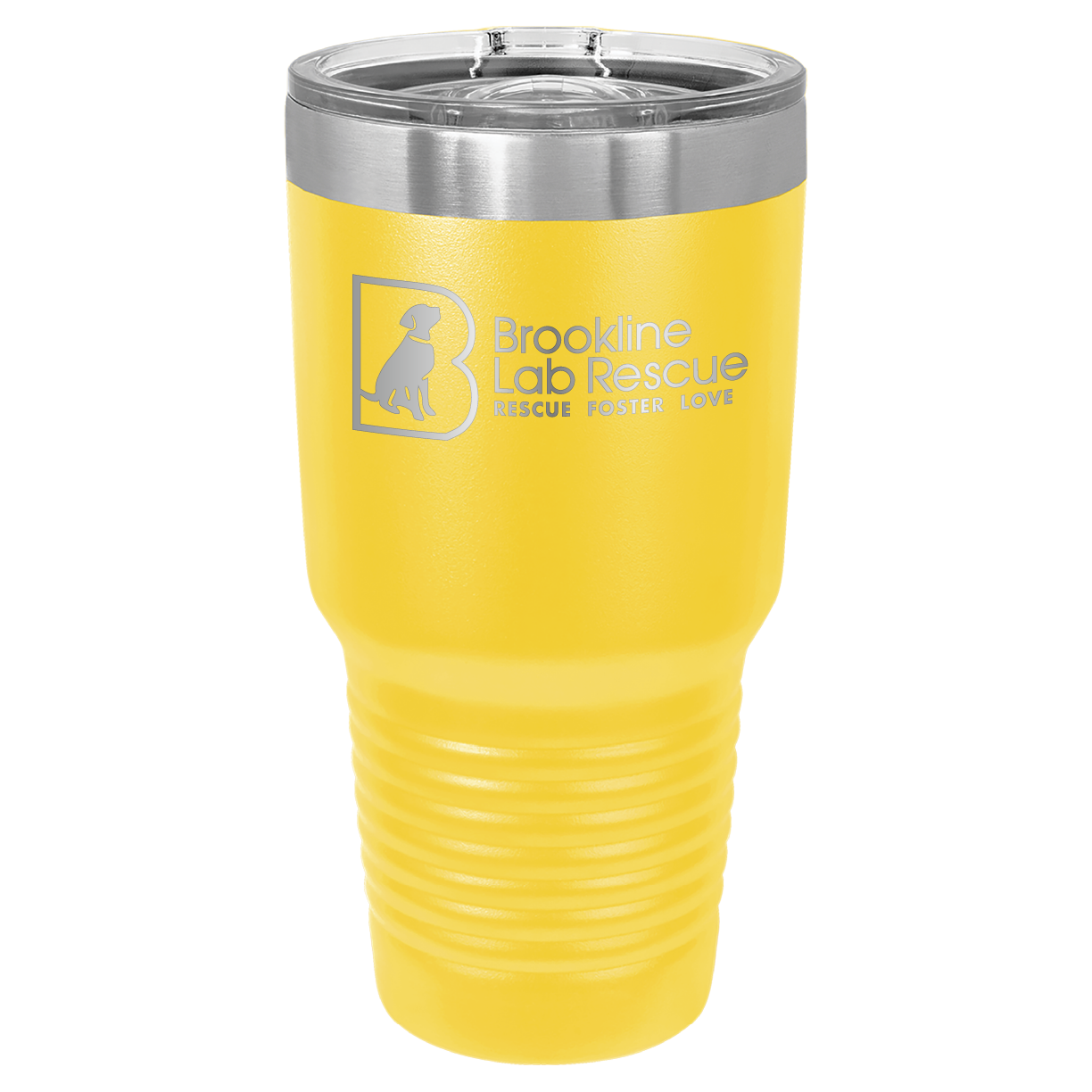 Yellow laser engraved 30 oz tumbler featuring the Brookline Lab Rescue logo