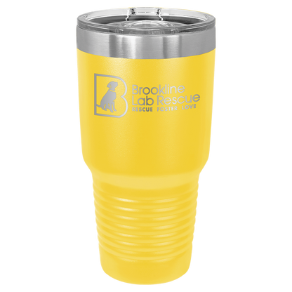 Yellow laser engraved 30 oz tumbler featuring the Brookline Lab Rescue logo