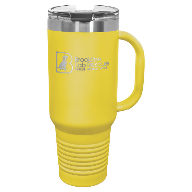 Yellow laser engraved 40 oz tumbler with handle featuring the Brookline Lab Rescue logo