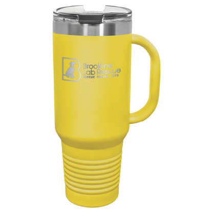 Yellow laser engraved 40 oz tumbler with handle featuring the Brookline Lab Rescue logo