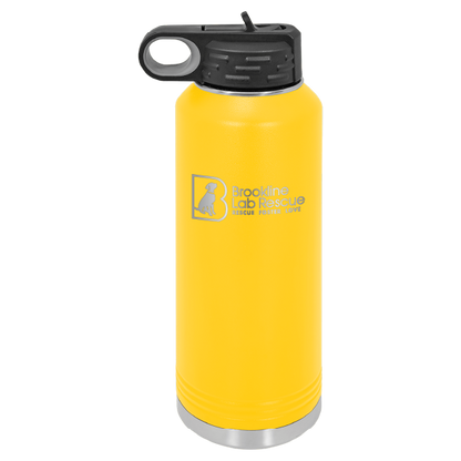 Yellow laser engraved 40 oz water bottle featuring the Brookline Lab Rescue logo