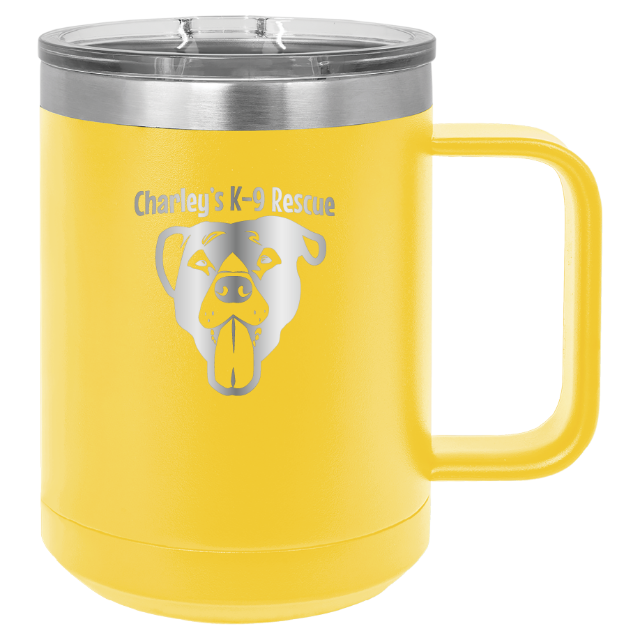 Yellow 15 oz coffee cup laser engraved  tumbler featuring the Charley's K9 Rescue logo